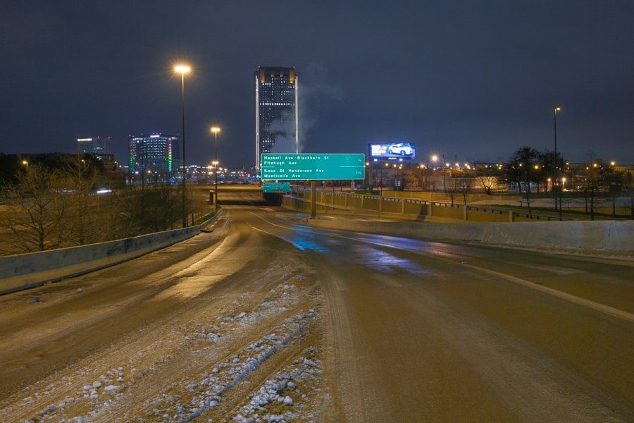 Dallas with no cars on the road after an Ice Storm