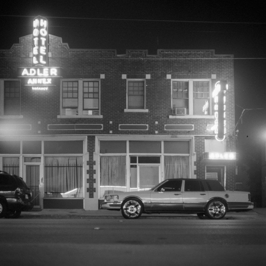 The Adler Hotel at night in the Old East Dallas neighborhood