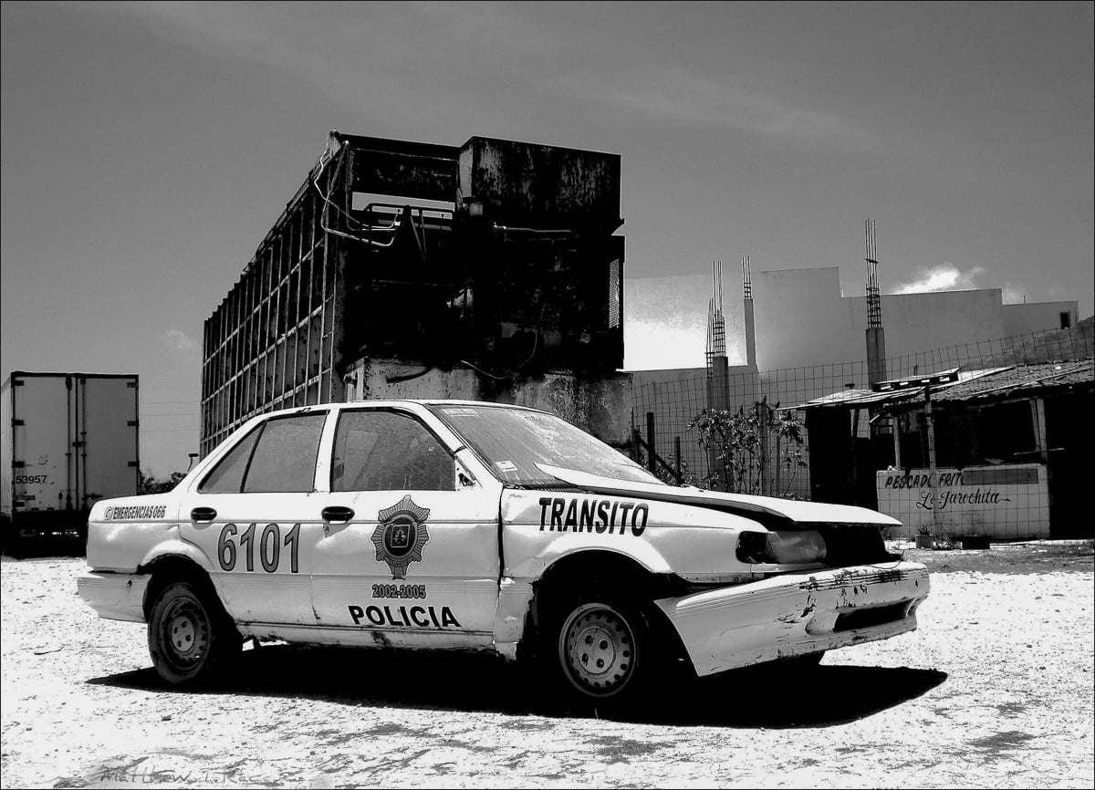 An abandoned police car in Cancun, Mexico
