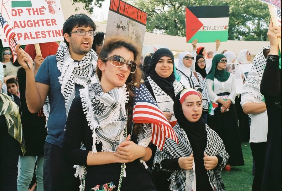 Palestinians protesting the Israeli assault on Gaza