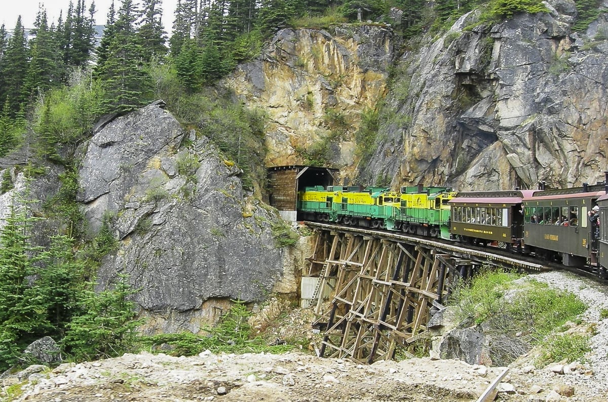 Train gong into a tunnel in Juneau, Alaska