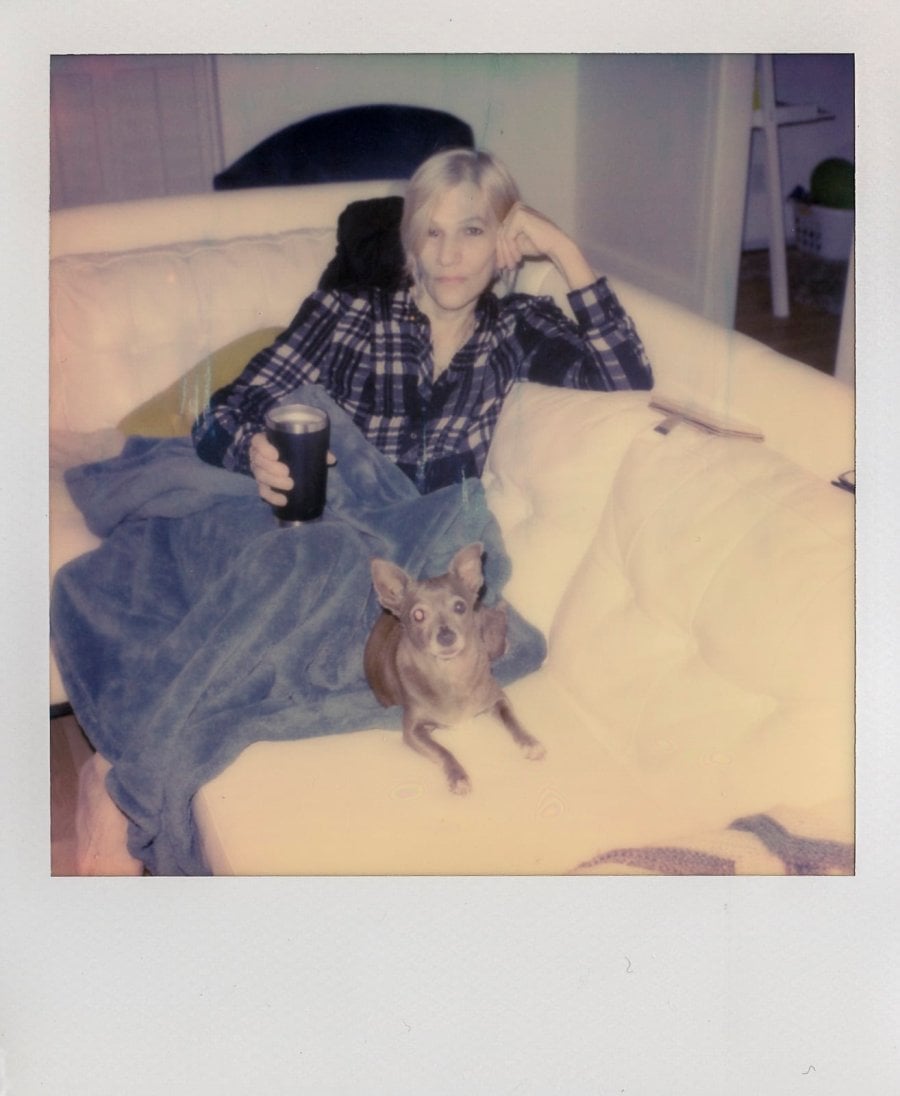 My mom with pebbles hanging out with us Polaroid photos