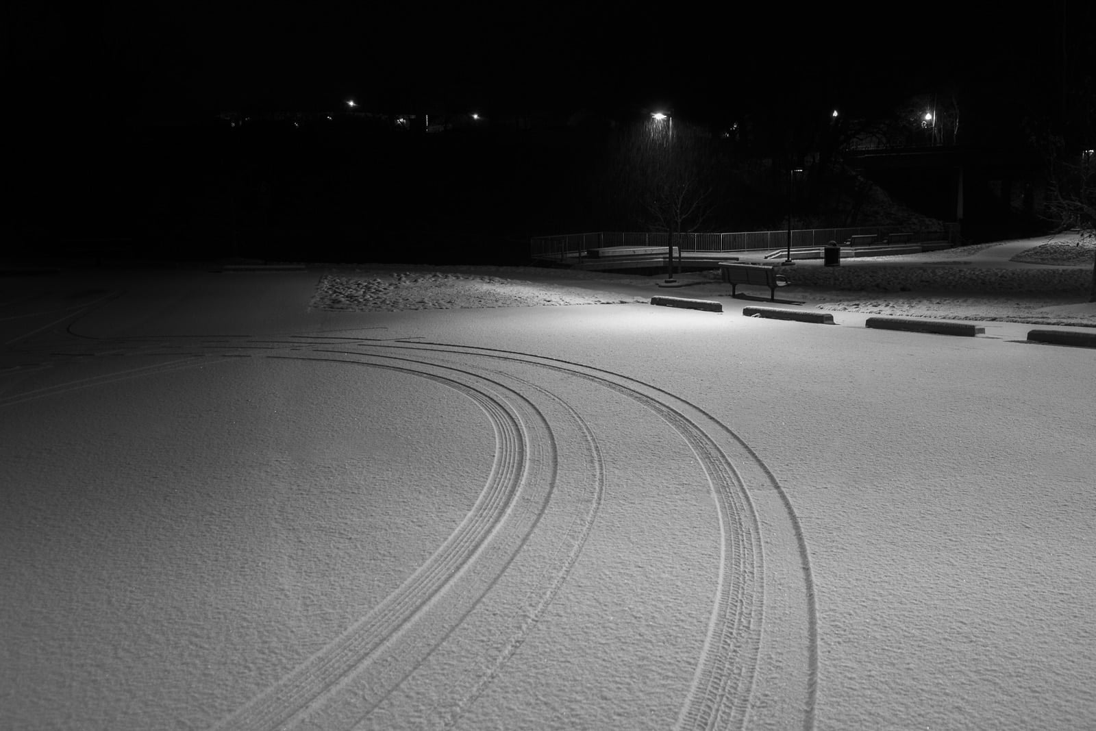 Tire tracks left by a teenage couple hiding in the darkness