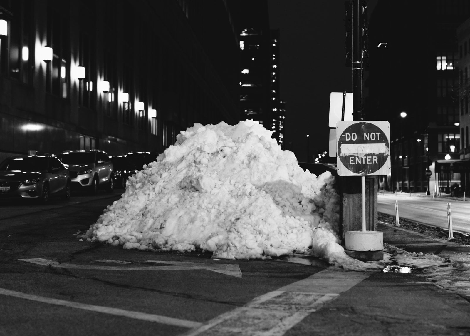 A snow pile in downtown Chicago, Illinois
