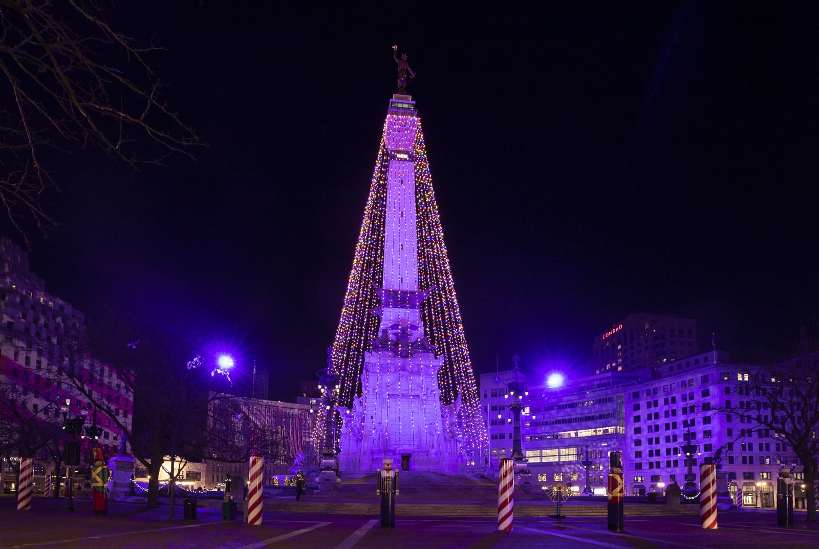 The World's Largest Christmas Tree in Indianapolis at Night with purple lights