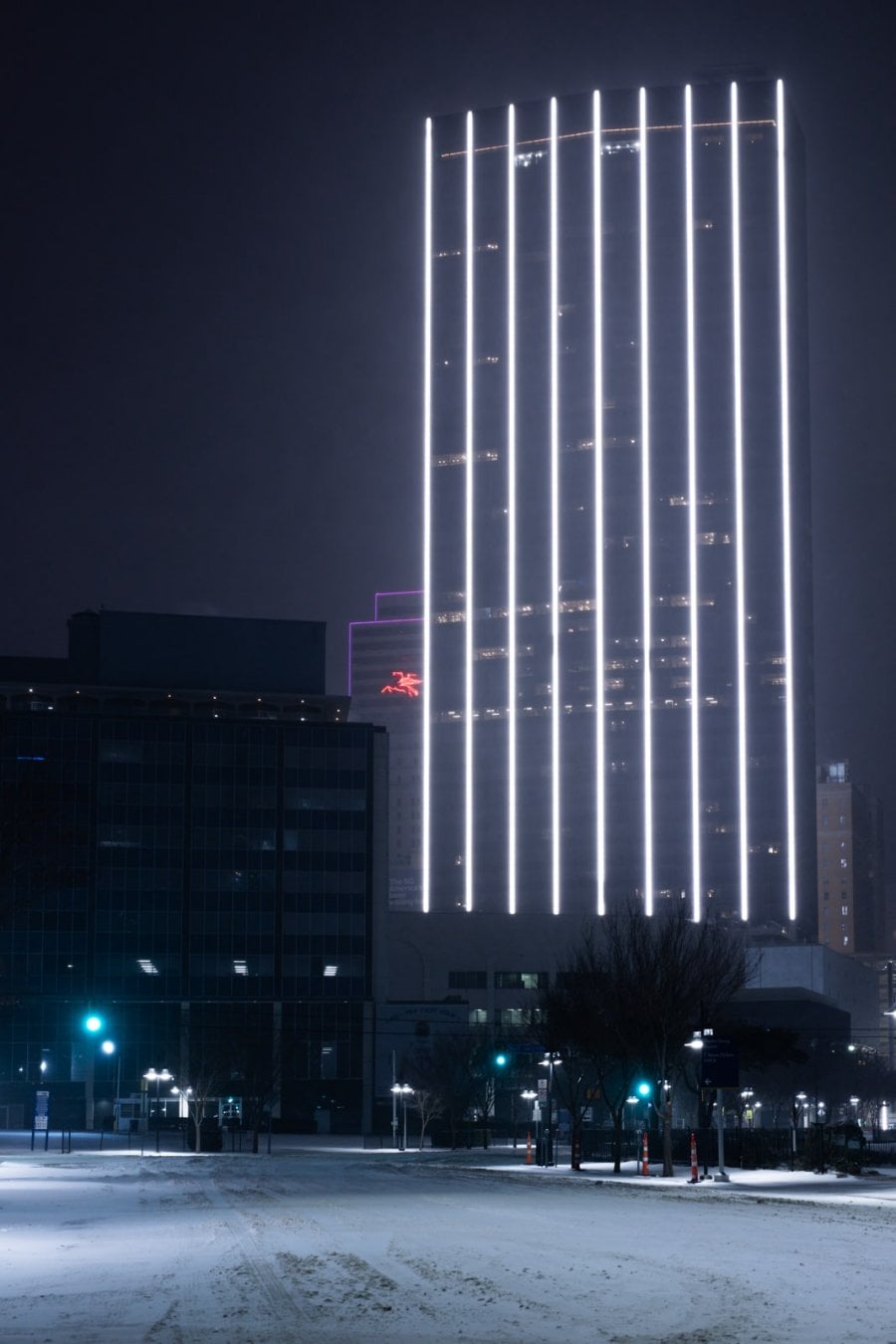 First National Bank Tower lights at night in the 2021 snowstorm