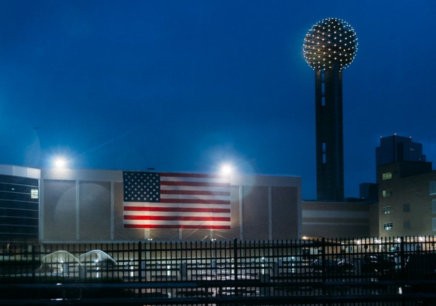 American Flag and Reunion Tower after a storm in Dallas