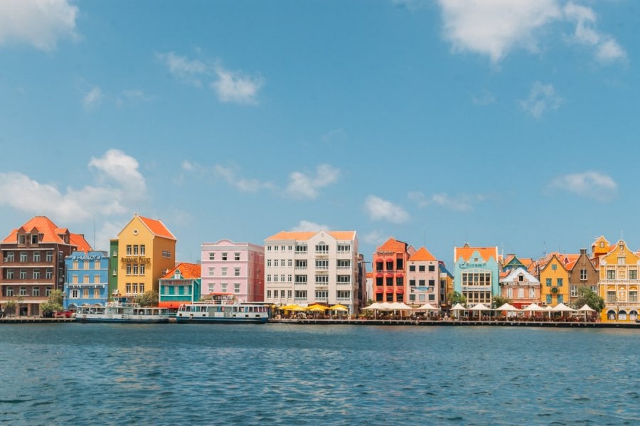 The colorful buildings of the Handelskade in Willemstad, Curaçao