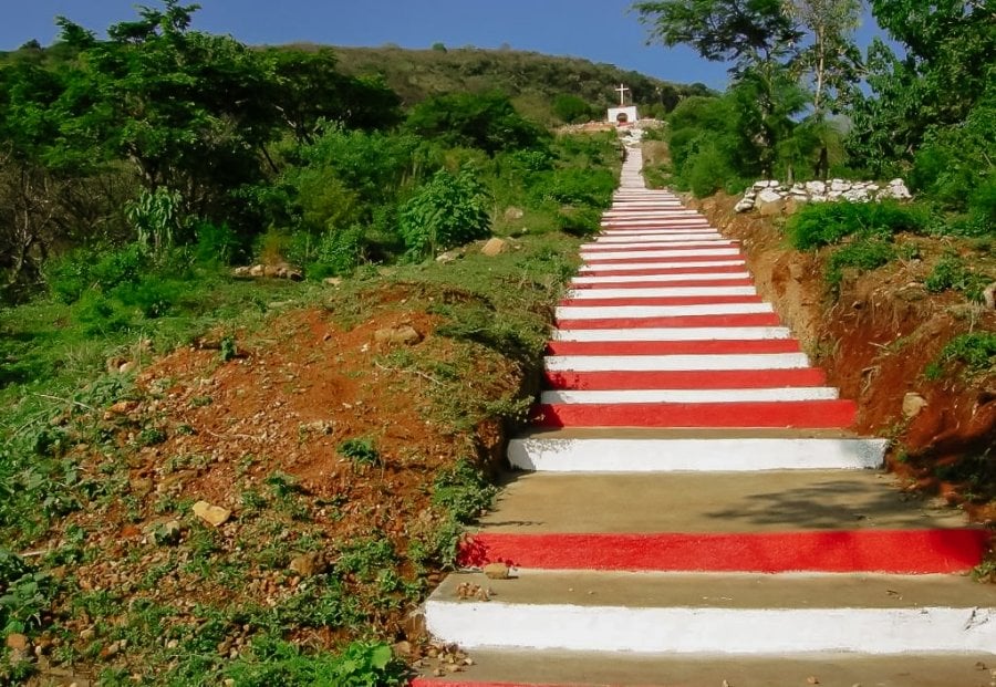 Red and white stairs to a  catholic shrine in Ixtlahuacan, Jalisco