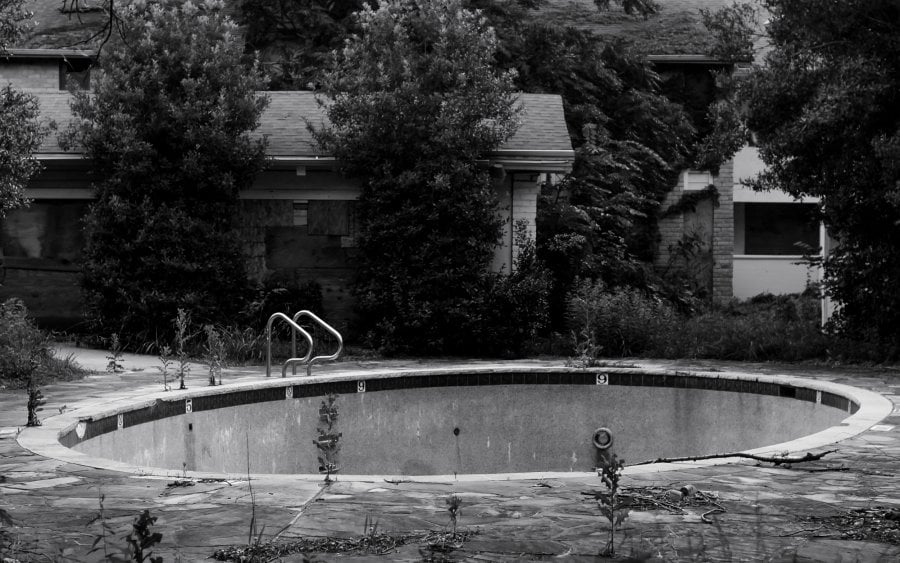 An empty pool at an abandoned apartment complex in Dallas